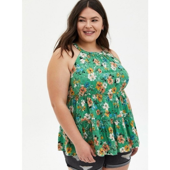Torrid Green Floral Babydoll Eyelet Tiered Sleeveless Top size 0 - Picture 1 of 10